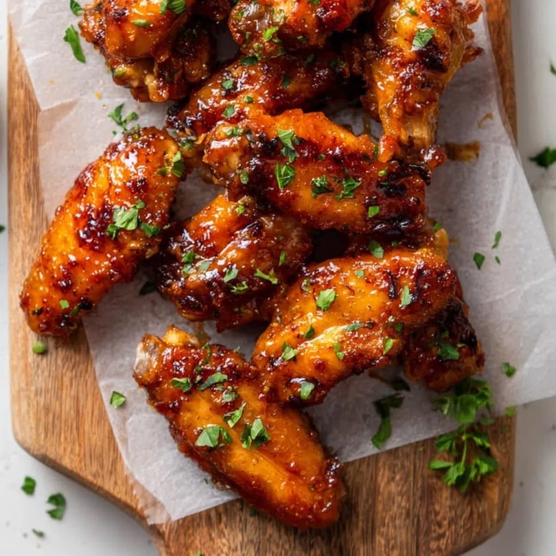 Close-up of sticky, glazed chicken wings garnished with fresh parsley on parchment paper and a wooden board.